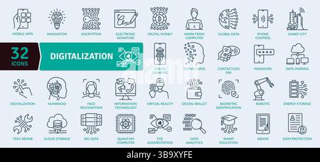 Icônes de numérisation : transformer les entreprises et la technologie Illustration de Vecteur