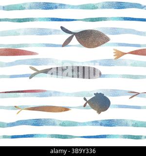 Motif sans couture et bordure avec des poissons colorés dans le style aquarelle, mis contre des lignes ondulées bleues. Illustration numérique dessinée à la main pour le décor des enfants, livre Banque D'Images