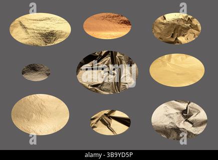 Formes d'or géométriques, y compris ellipse et ovale avec des tons métalliques riches bronze, laiton et argent, texture en relief, finition brillante et desi élégant Banque D'Images