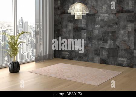 Rendu 3D de l'intérieur moderne de la pièce vide .pot de plante. Parquet Banque D'Images