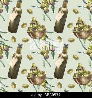 Olives légumes et modèle sans couture d'huile avec bouteille en verre d'huile, branches d'olives et bouquet dans la plaque en bois illustration.ingrédient de salade grecque backgro Banque D'Images