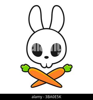 Crâne de lapin de dessin animé avec des carottes, joli design Jolly Roger. Illustration clipart vectorielle simple. Illustration de Vecteur