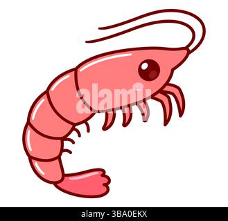 Dessin de crevettes de dessin animé mignon. Illustration de clip art vectoriel de crevettes roses Kawaii. Illustration de Vecteur
