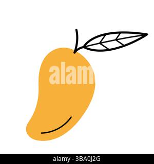 Mangue mûre entière avec brindille et feuille. Icône de croquis dessinée à la main de fruit. Illustration vectorielle isolée dans le style de ligne doodle. Illustration de Vecteur