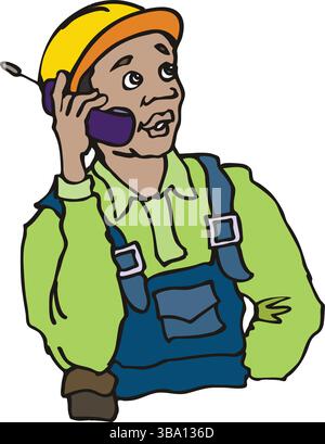 Illustration colorée d'un travailleur de la construction portant un casque jaune à l'aide d'un talkie-walkie violet Illustration de Vecteur