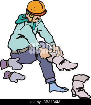Une illustration vectorielle abstraite montre un travailleur de la construction mettant sur des bottes dans un style de dessin animé Illustration de Vecteur