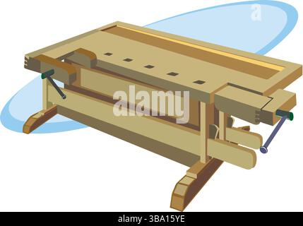 Une illustration vectorielle abstraite montre un établi en bois avec des étaux pour les travaux de menuiserie dans le style de dessin animé Illustration de Vecteur