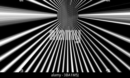 Fond abstrait dynamique avec des lignes blanches rayonnantes sur un fond noir, créant un effet de perspective spectaculaire. Idéal pour les concepts de conception Banque D'Images