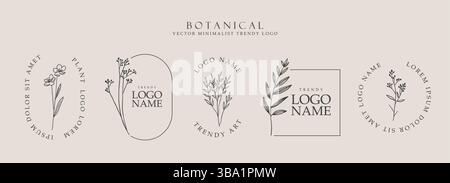 Conception de logos minimalistes de plantes, lllustration de fleurs sauvages à la mode, collection botanique Illustration de Vecteur