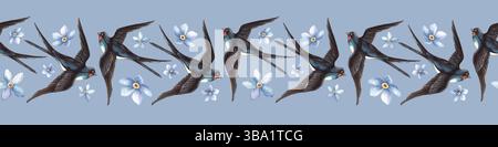 Avale les oiseaux ressort élégante bordure sans couture. Bannière de bordure graphique à l'aquarelle vintage dessinée à la main. Parfait pour le papier d'emballage rétro, saisonnier Banque D'Images