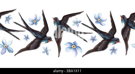 Avale les oiseaux délicat ressort frontière sans couture. Elégante bannière bordée élégante à l'aquarelle vintage dessinée à la main. Parfait pour le papier d'emballage rétro, saisonnier Banque D'Images