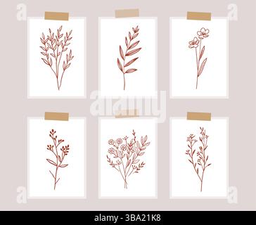 Ensemble de fleurs et de plantes éléments botaniques tendance. Ensemble minimaliste de ligne dessinée à la main, affiches Illustration de Vecteur