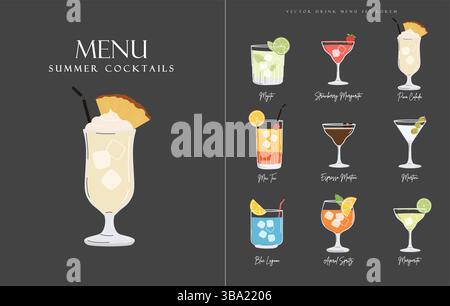 Menu de cocktails du restaurant d'été. Design minimaliste noir. Illustration de la boisson de saison Illustration de Vecteur
