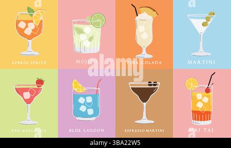 Service de cocktails d'été. Boissons alcoolisées dans différents verres. Illustration du menu cocktail, affiches Illustration de Vecteur