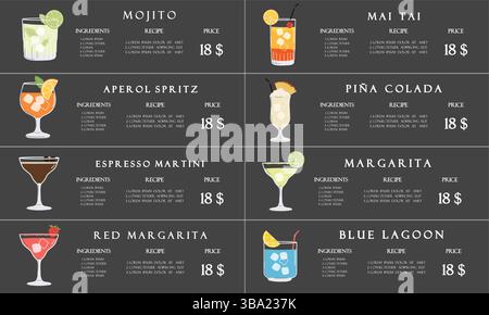 Menu de cocktails du restaurant d'été. Style minimaliste noir. Illustration de la boisson de saison Illustration de Vecteur