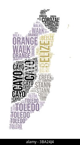Belize Word Cloud. Forme du pays avec division de région. Image de style typographie Belize. Nuages de balises de noms de région. Illustration vectorielle. Illustration de Vecteur