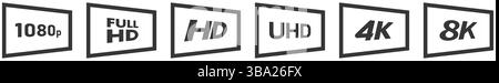 Ensemble d'icônes de résolution d'affichage du téléviseur ou de l'écran - noir simple et des rectangles blancs inclinés avec du texte à l'intérieur Banque D'Images
