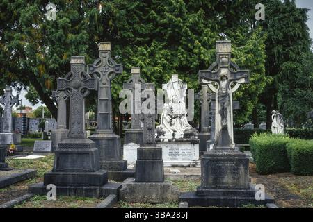 Dublin, Irlande, août 2019 tombes anciennes avec des croix celtiques et des sculptures dans le cimetière de Glasnevin, en Europe Banque D'Images