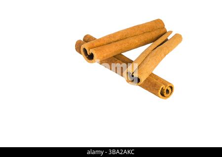 Variété de segments d'écorce de cannelle sur un fond blanc, soulignant leurs imperfections naturelles, formes uniques et texture grossière, adapté aux épices- Banque D'Images