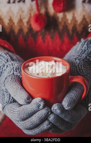 Chaud hiver photo que les mains dans des gants tricotés tenant un mug cacao avec guimauve Banque D'Images