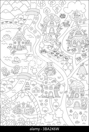 Fond de carte de parc des fées noir et blanc de vecteur. Joli paysage de terre de fées. Paysage boisé avec cabanes dans les arbres, dragon, routes, pont, rivière. Fantaisie fo Illustration de Vecteur