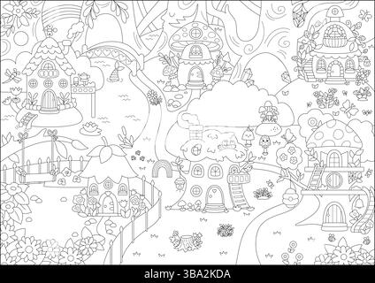Vecteur noir et blanc fond de fée vide. Paysage de terre de fées de ligne. Paysage boisé avec arbres, cabanes dans les arbres, animaux. Scène de forêt fantastique i Illustration de Vecteur
