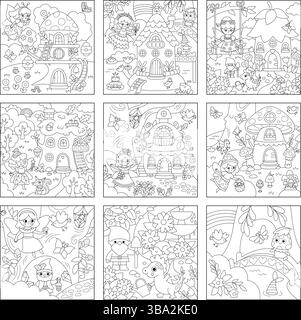 Ensemble de fonds de fées carrés de vecteur noir et blanc. Collection de paysage de ligne terrestre de fée mignonne. Paysage boisé avec princesse magique, cabane dans les arbres, a Illustration de Vecteur