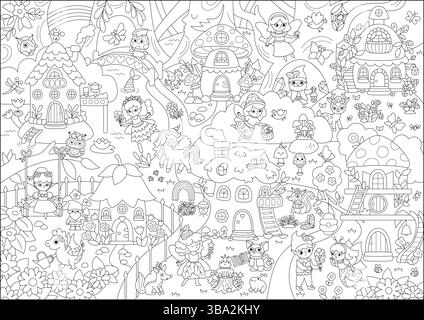 Vecteur fond de fée noir et blanc. Joli paysage de terre de fées. Paysage de ligne de bois avec des arbres, cabane dans les arbres, animaux. Scène de forêt fantastique Ill Illustration de Vecteur