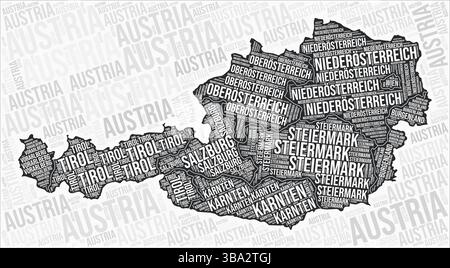 Nuage de mots cartographiques des régions d'Autriche. Noms de région Autriche. Conception de carte en noir et blanc. Illustration vectorielle élégante. Illustration de Vecteur