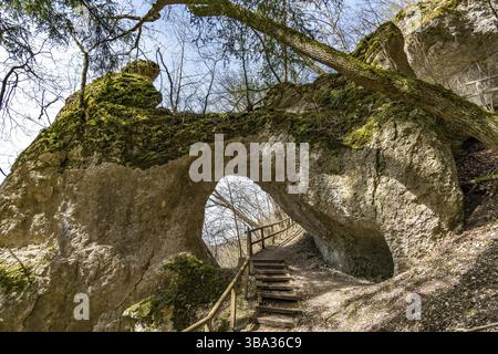 Faites une randonnée le long du Kloster-Felsenweg au printemps dans la magnifique vallée du Danube, près d'Inzigkofen, Sigmaringen Banque D'Images