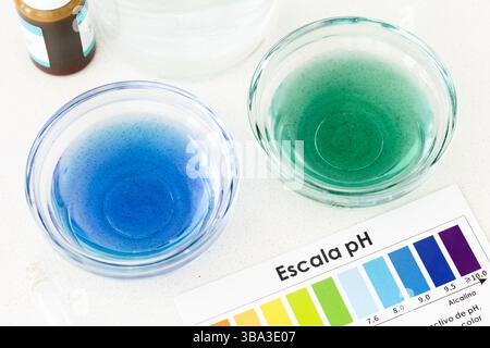 Photographies d'un kit d'analyse du pH de l'eau comprenant des gouttes indicatrices de couleur et un tableau comparatif, utilisé pour analyser l'acidité ou l'alcalinité de la boisson wa Banque D'Images
