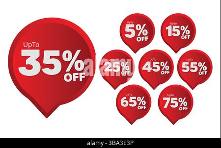 Autocollant de réduction de pourcentage différent ensemble d'étiquettes de prix de réduction. Jusqu'à 5, 15, 25, 35, 45, 55, 65, 75 pourcentage vecteur , badges de réduction rouge jusqu'à 75% de réduction Illustration de Vecteur