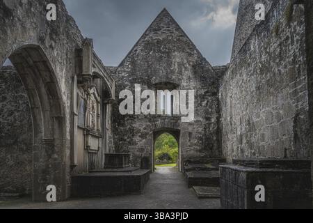 Intérieur, autels et tombes de ruines, monastère du XVe siècle, abbaye de Muckross dans le parc national de Killarney, Kerry, Irlande, Europe Banque D'Images