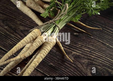 Bouquet de racines de persil blanc et de feuilles vertes, noué avec de la ficelle sur une planche rustique en bois foncé, Liptovsky Hradok, Slovaquie, Europe Banque D'Images