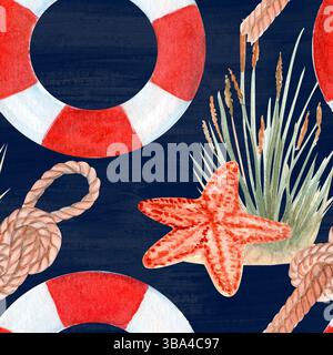 Motif aquarelle sans couture d'éléments nautiques peints à la main bouée de sauvetage rouge classique, étoile de mer texturée, plante côtière, corde attachée dans un nœud de marins Banque D'Images