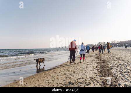Les gens marchent sur la plage de sable en hiver. Vacances d'hiver parfaites. Les gens se détendent pendant la saison froide sur la côte. Gdansk, Pologne 9 février 2020. Corbeau marchant Banque D'Images
