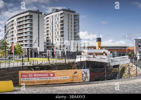 Belfast, Royaume-Uni, août 2019 vue de face sur SS Nomadic, le dernier navire White Star Line restant dans le monde. Près du musée Titanic, Irlande du Nord Banque D'Images