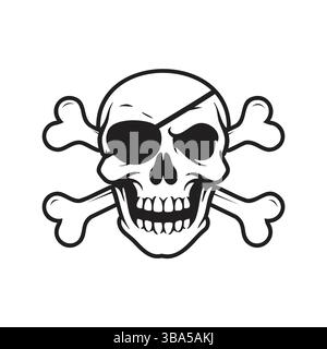 crâne de pirate noir et blanc, avec des os croisés et un patch sur un œil. Illustration de Vecteur