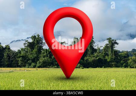 Carte de localisation épingle sur prairie de fleurs. Icône d'épingle de localisation sur un champ d'herbe montrant le concept immobilier. Terrain à vendre. Grande icône d'épingle d'emplacement 3d rouge o Banque D'Images