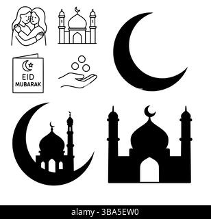 Icônes islamiques de l'Eid Moubarak - Mosquée, croissant de lune, Zakat, et symboles de célébration Illustration de Vecteur