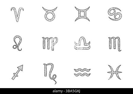 Ensemble de douze signes du zodiaque dessinés à la main dans la roue astrologique Illustration de Vecteur