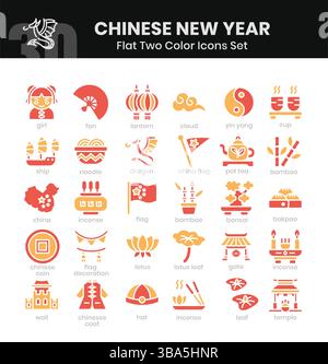 Pack d'icônes du nouvel an chinois. Style d'icônes plat deux couleurs. Illustration vectorielle Illustration de Vecteur