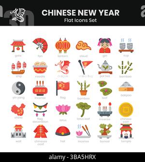 Pack d'icônes du nouvel an chinois. Style icône plate. Illustration vectorielle Illustration de Vecteur