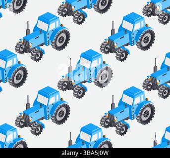 Modèle sans couture avec tracteurs isométriques. Illustration vectorielle. Cabine bleue. Grand tracteur agricole moderne et lourd pour le travail sur le terrain. Motif de tissu. Illustration de Vecteur