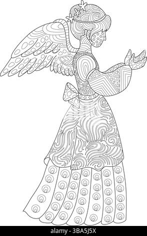 Dessin complexe d'art au trait noir et blanc d'un ange avec des motifs décoratifs, adapté pour les livres de coloriage, les éléments de conception ou les thèmes spirituels. Illustration de Vecteur