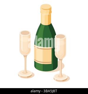 Bouteille de champagne isométrique avec deux verres. Illustration vectorielle. Icône Web. Objets isolés sur fond blanc. Boisson festive. Illustration de Vecteur