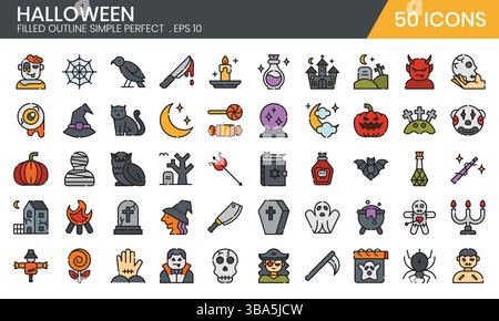 Icônes de contour remplies Halloweens définies. Illustration vectorielle Illustration de Vecteur