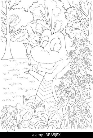 Illustration d'art de ligne noir et blanc d'un bébé dragon mignon jetant un coup d'œil de derrière les plantes et les feuilles de la jungle tropicale, parfait pour une coloration pour enfants b Illustration de Vecteur
