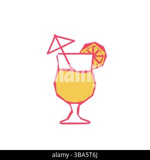 Verre à cocktail minimaliste avec boisson à l'orange, tranche d'agrumes et parapluie, souligné en rouge vif. Icône de rafraîchissement estival dans un style géométrique plat. Illustration de Vecteur
