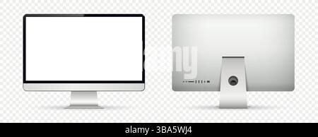 Realistic computer screen mockup. Computer monitor front and back view on transparent background. Vector illustration. Illustration de Vecteur